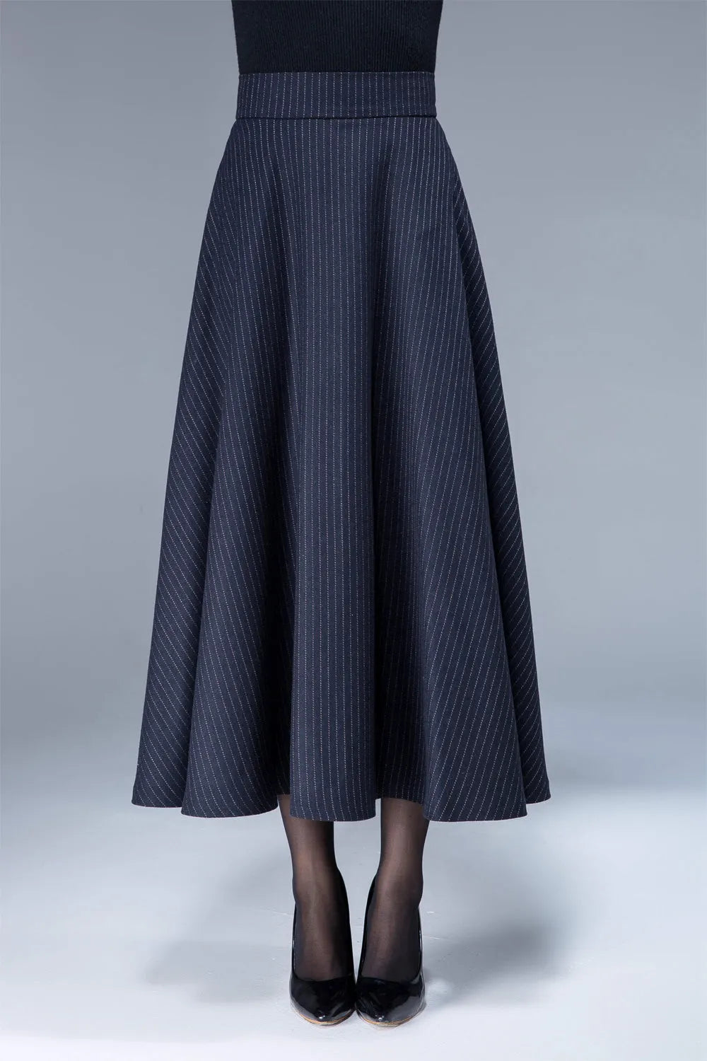 Navy Wool Maxi Skirt - Flowy Silhouette with Side Pockets 1808