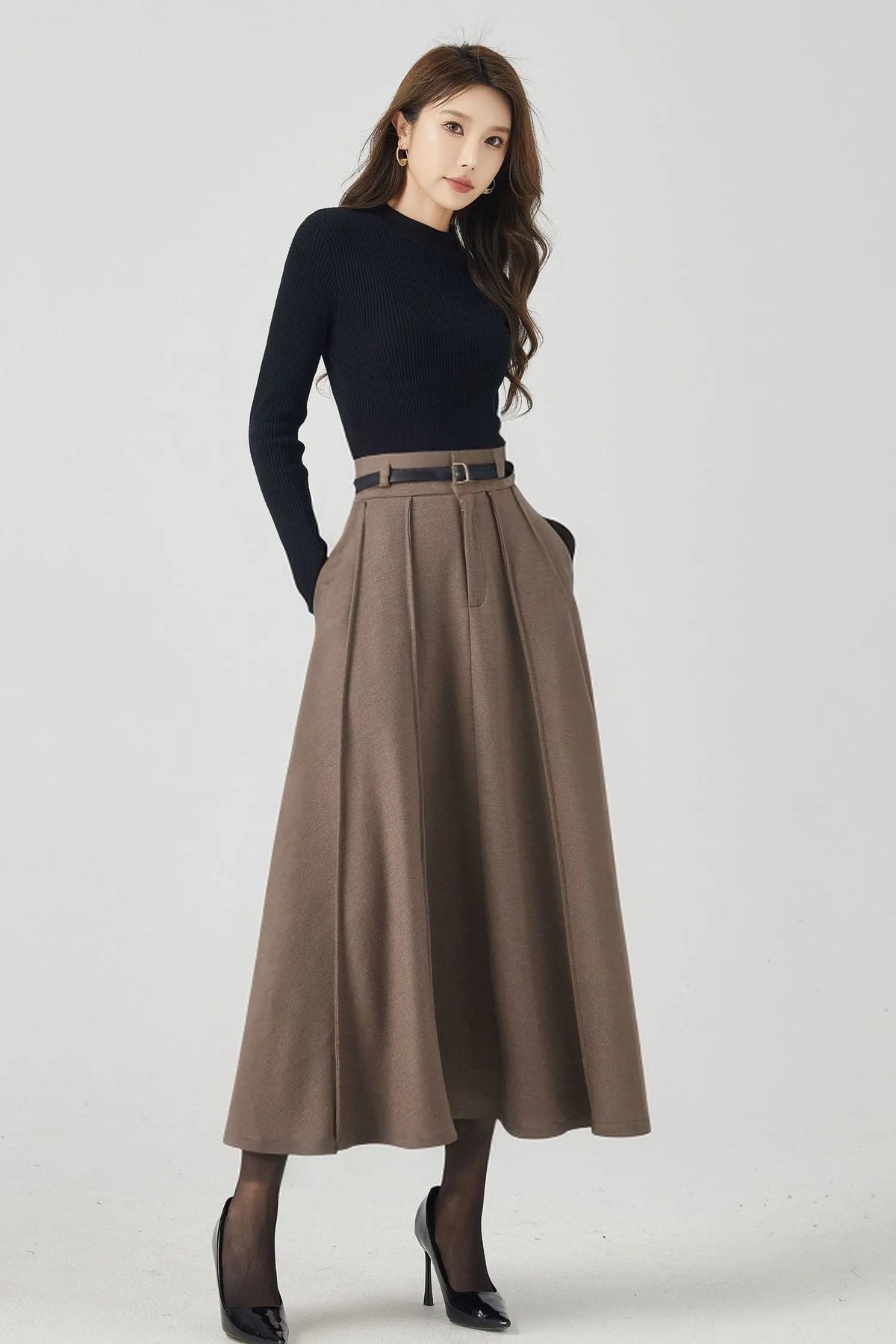 Handmade Wool Pleated Midi Skirt – High Waist Brown Winter Skirt 
