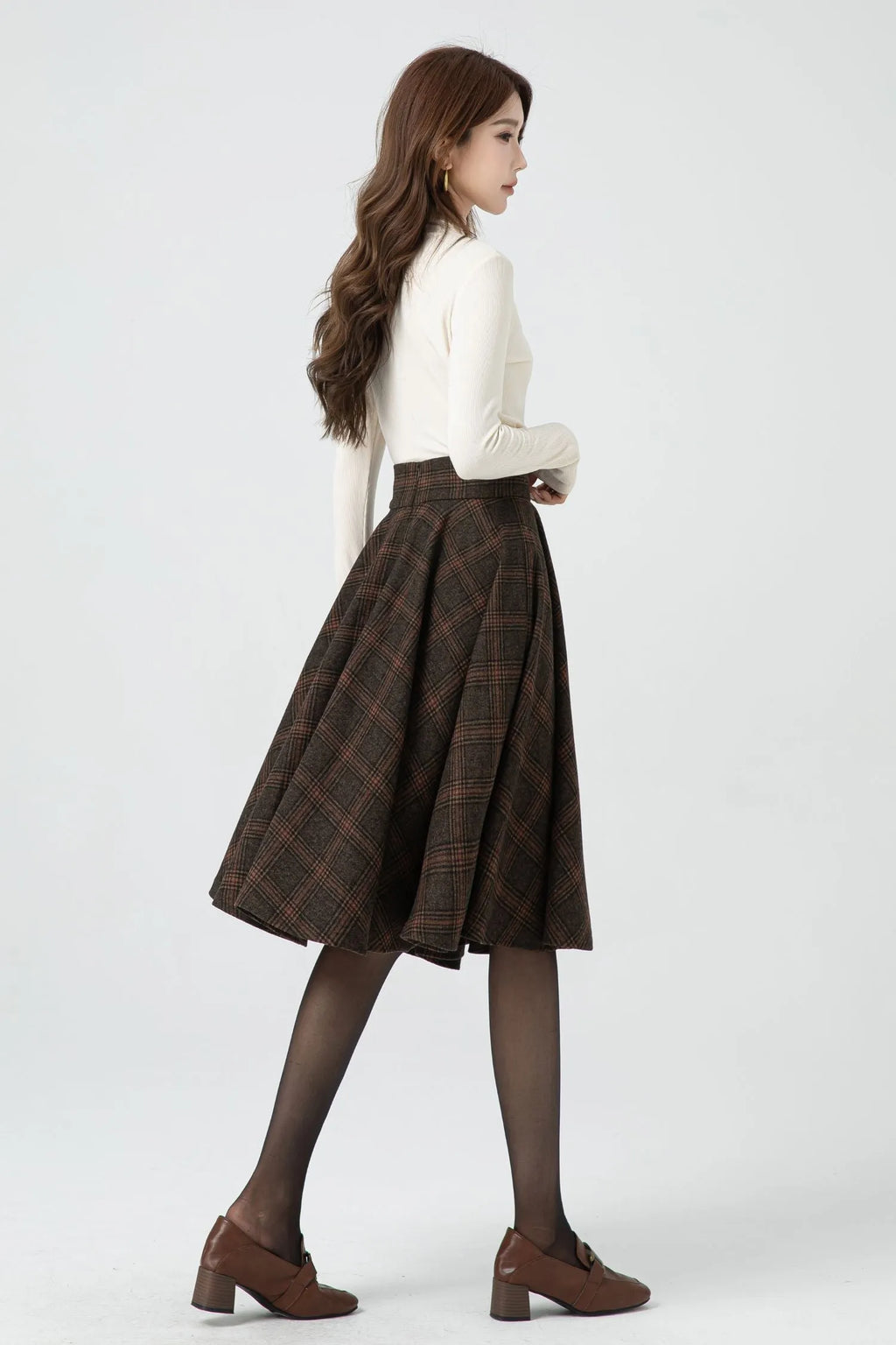 Brown Plaid Wool Midi Skirt – Vintage High Waist Pleated Circle Skirt 5323
