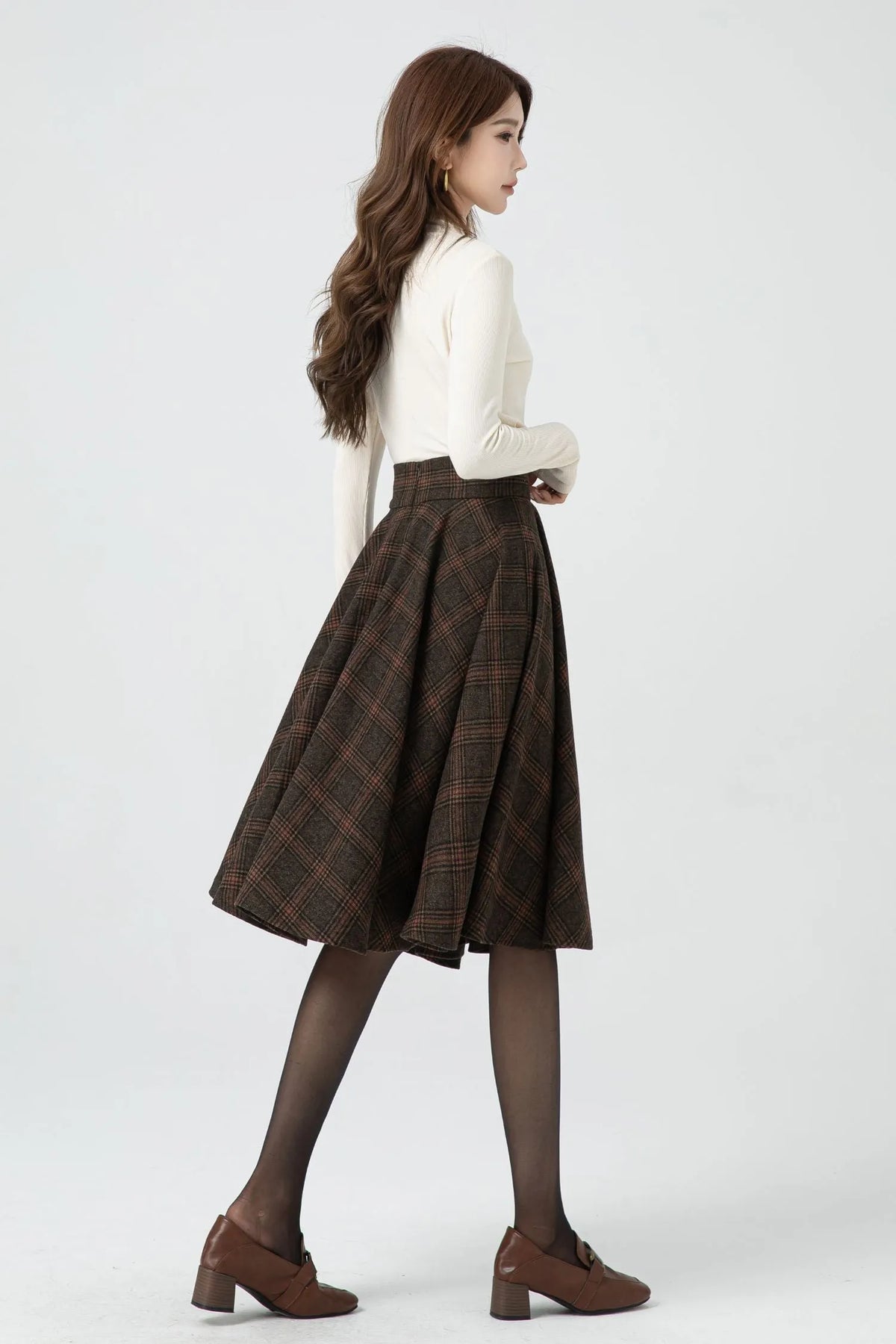 Brown Plaid Wool Midi Skirt – Vintage High Waist Pleated Circle Skirt 5323