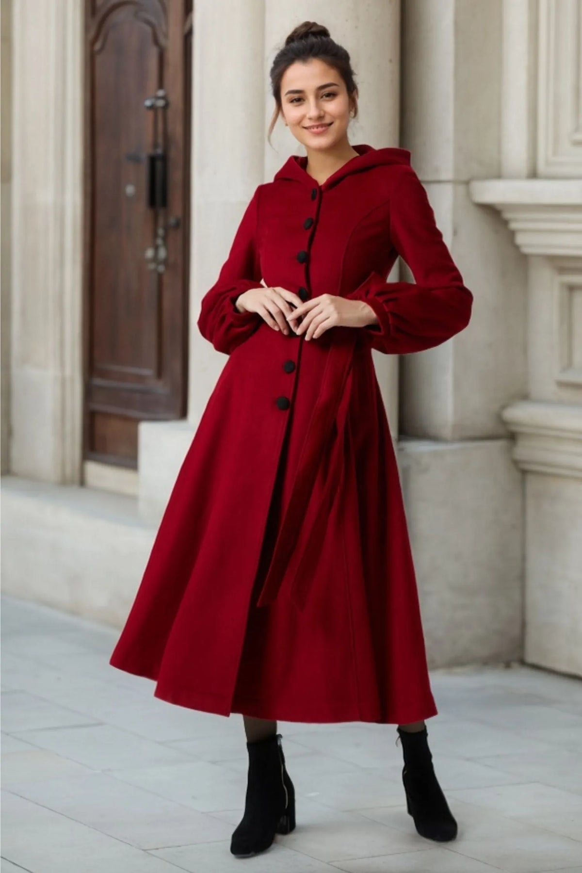 Burgundy Wool Coat Maxi Dress - Hooded, Lantern Sleeve, Tie Waist 1977