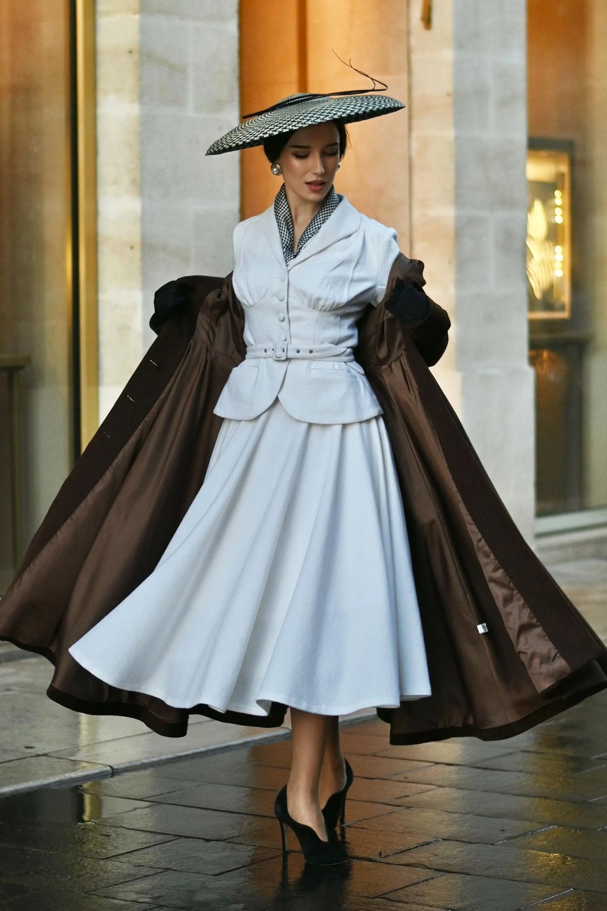 White Wool Blend Skirt Set - A-line Midi 
