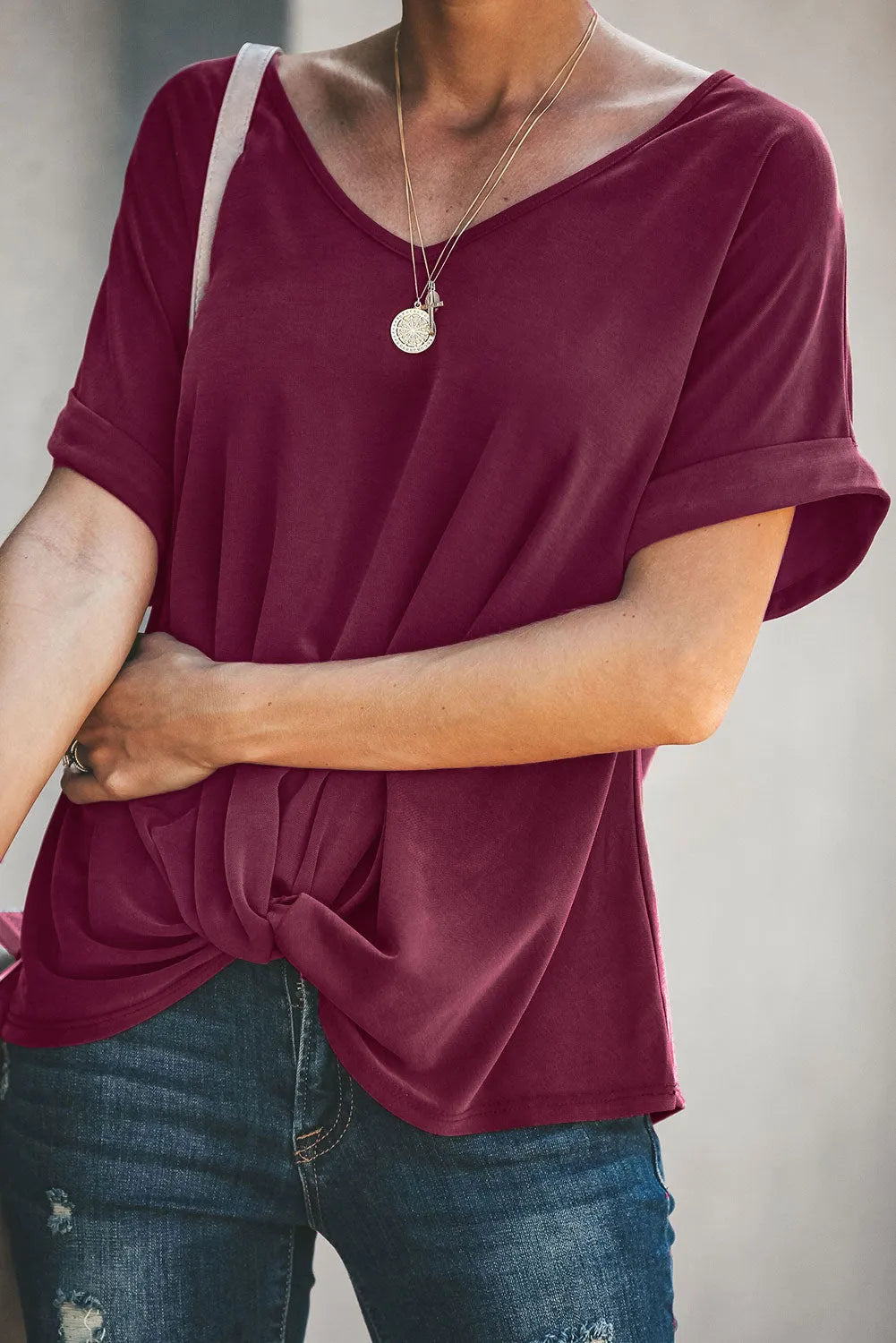 KittenAlarm - Fashion Blue/Gray/Burgundy Plain Crew Neck Short Sleeve Twist Tee T Shirt