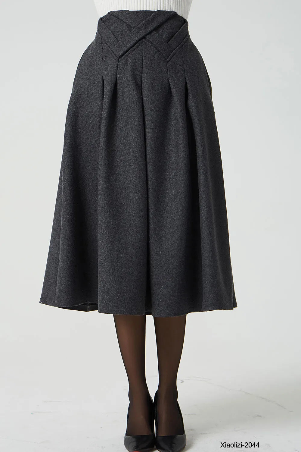 Gray Wool Midi Skirt - Pleated with Elastic Waist and Pockets 2044