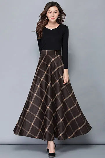 Brown Wool A-Line Maxi Skirt - High Waist with Pockets 3792