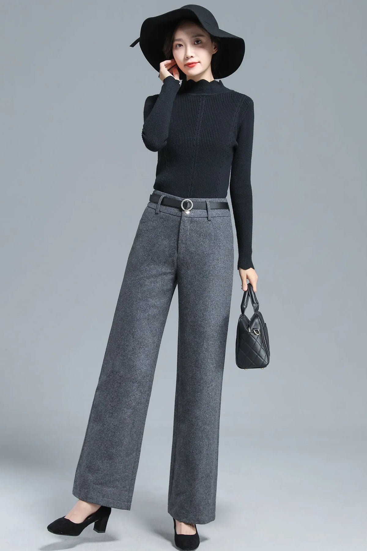 Gray Wool Blend Wide Leg Pants – Vintage High Waist Winter Trousers 3136