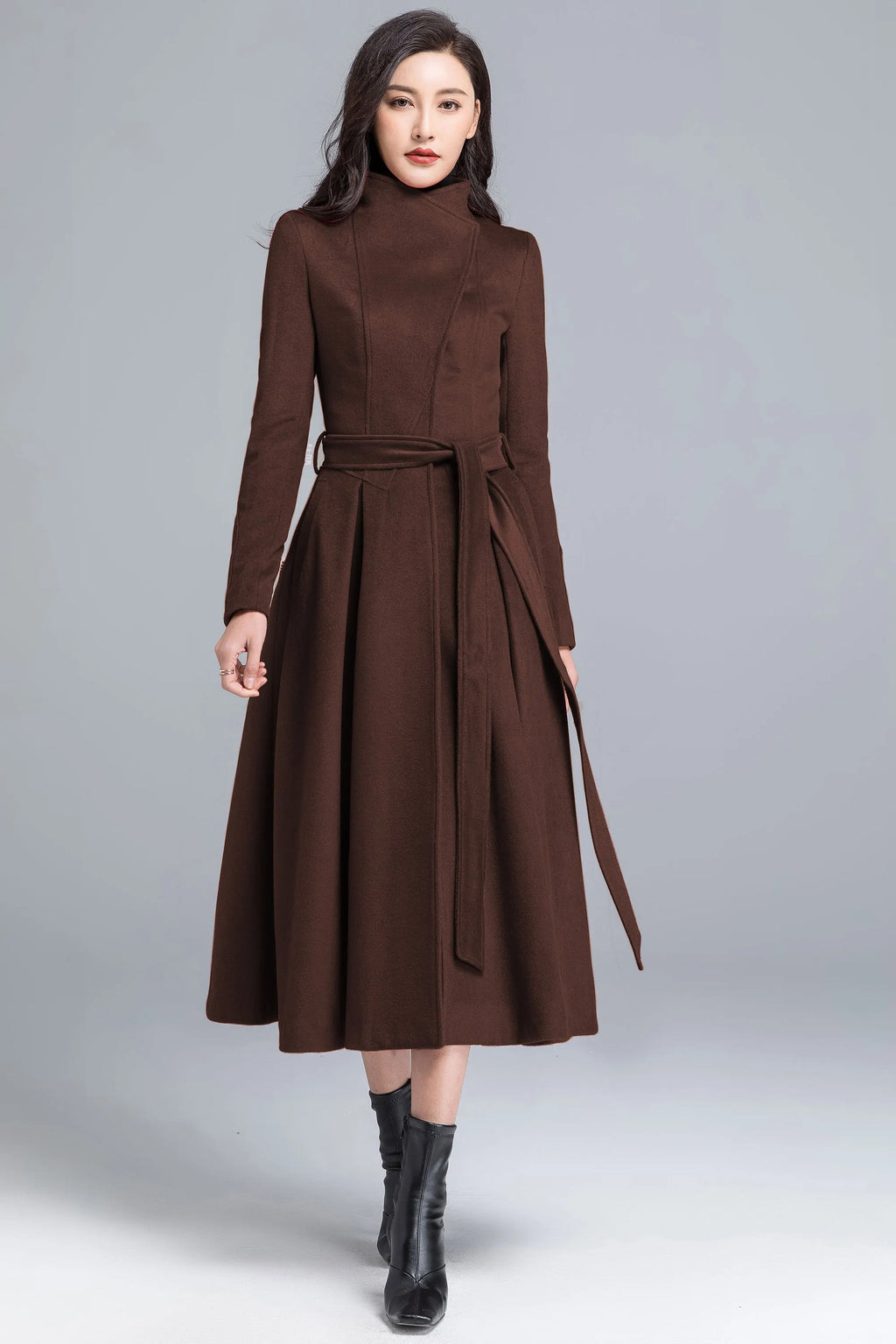 Vintage Wool Blend Coat – Handmade Brown Long Winter Coat with Belt 