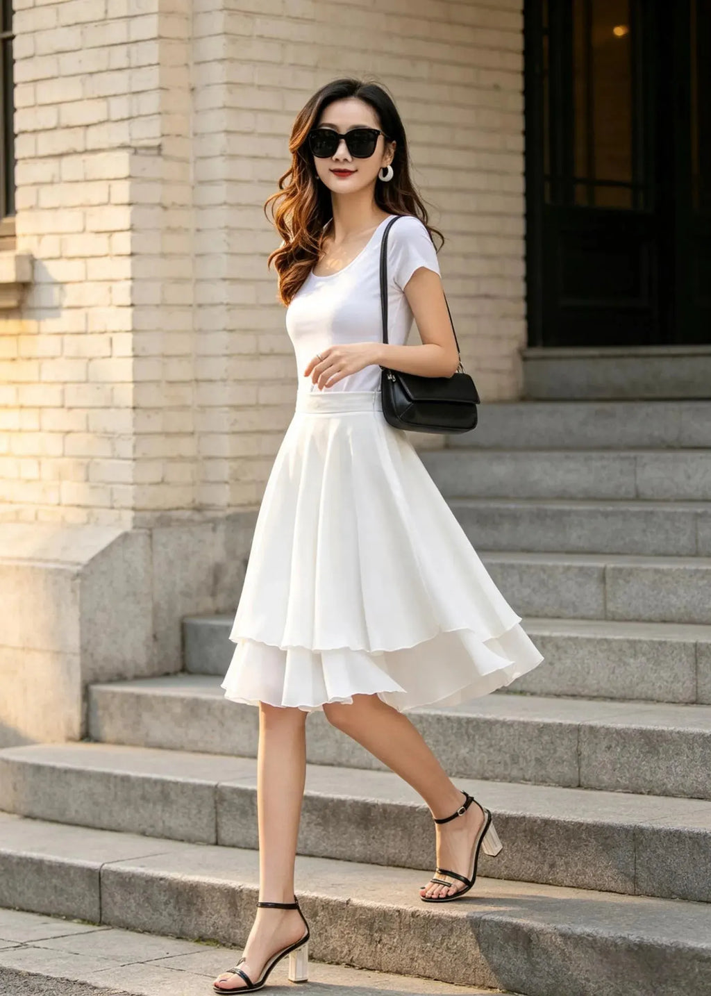 White Chiffon Knee-Length Skater Skirt - Two-Layer, High-Waisted Circle Silhouette 6797