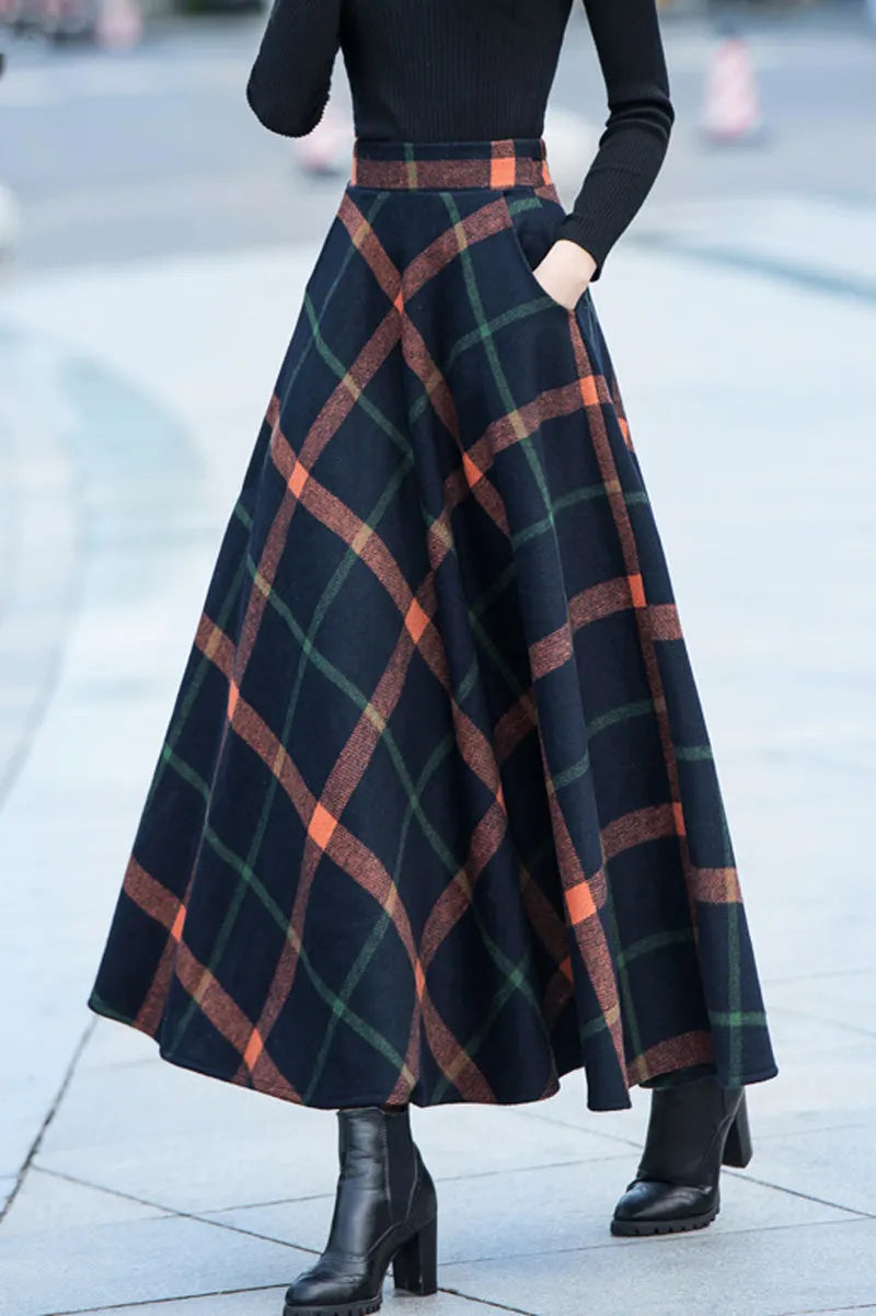 Navy Plaid Wool Skirt – Maxi A-Line with Orange and Green Stripes 2709