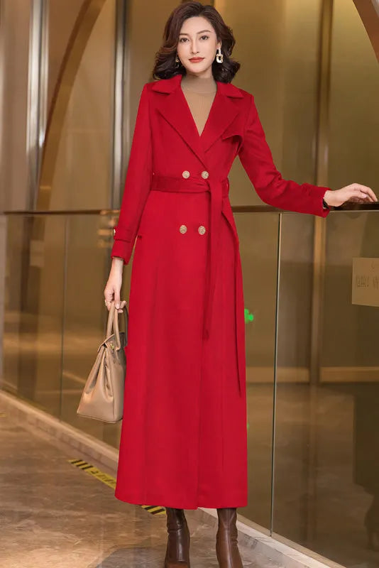 Black Wool Coat – Long Double Breasted Belted Winter Overcoat for Women 3970