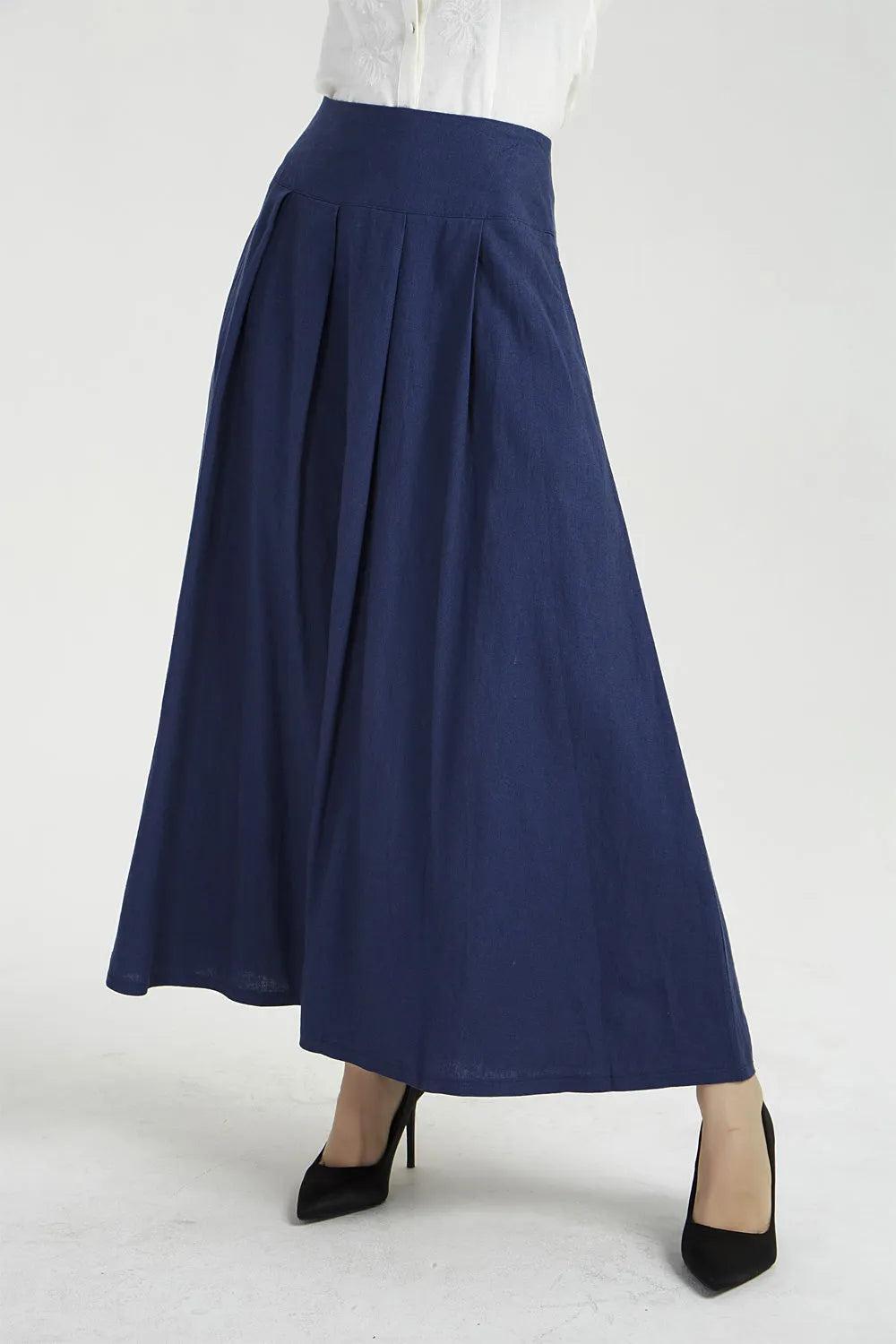 Blue Linen Maxi Skirt – Women’s High Waist Pleated Skirt with Pockets  2040