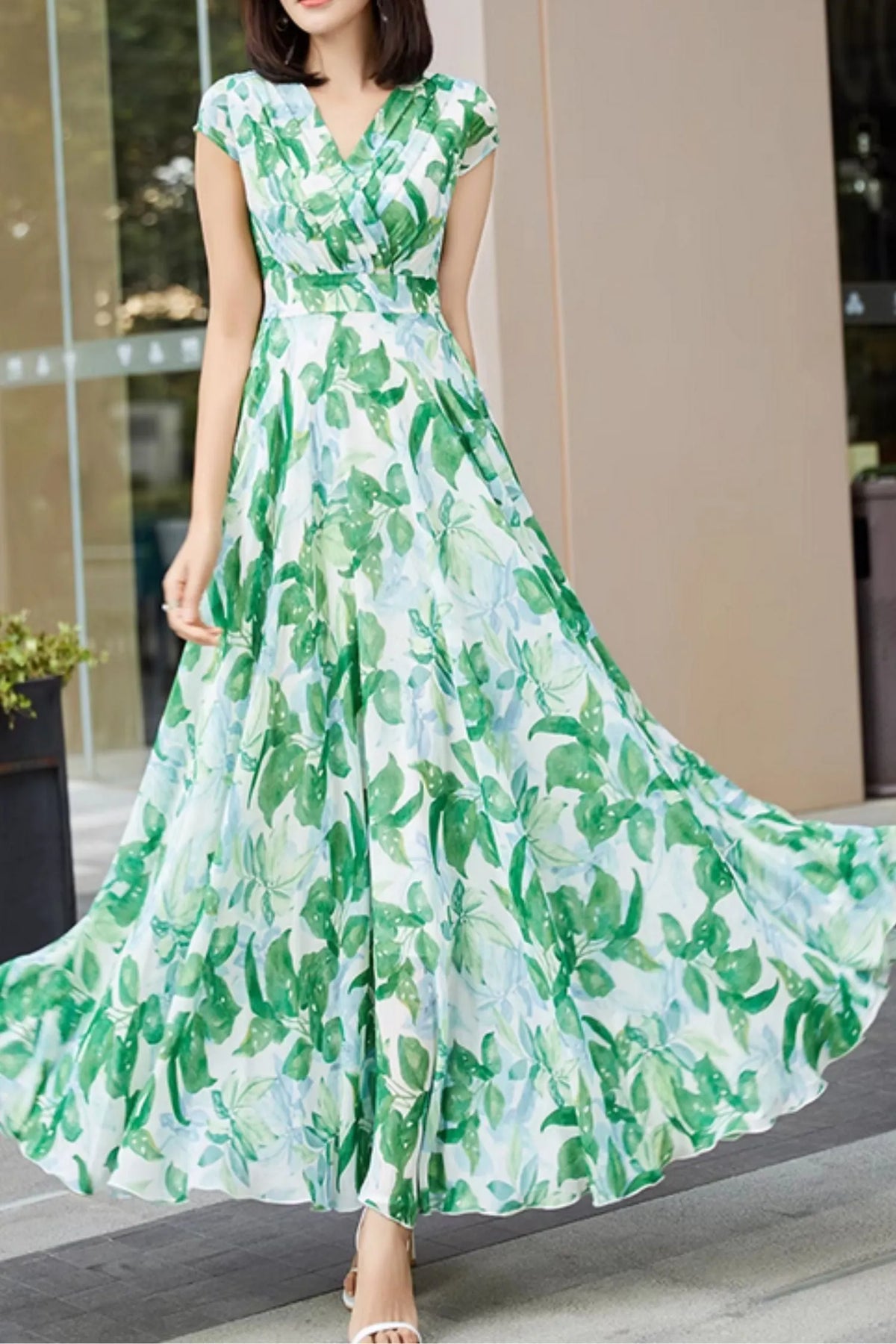 Green Printed Chiffon Maxi Dress - V Neck, Cape Sleeves 5004