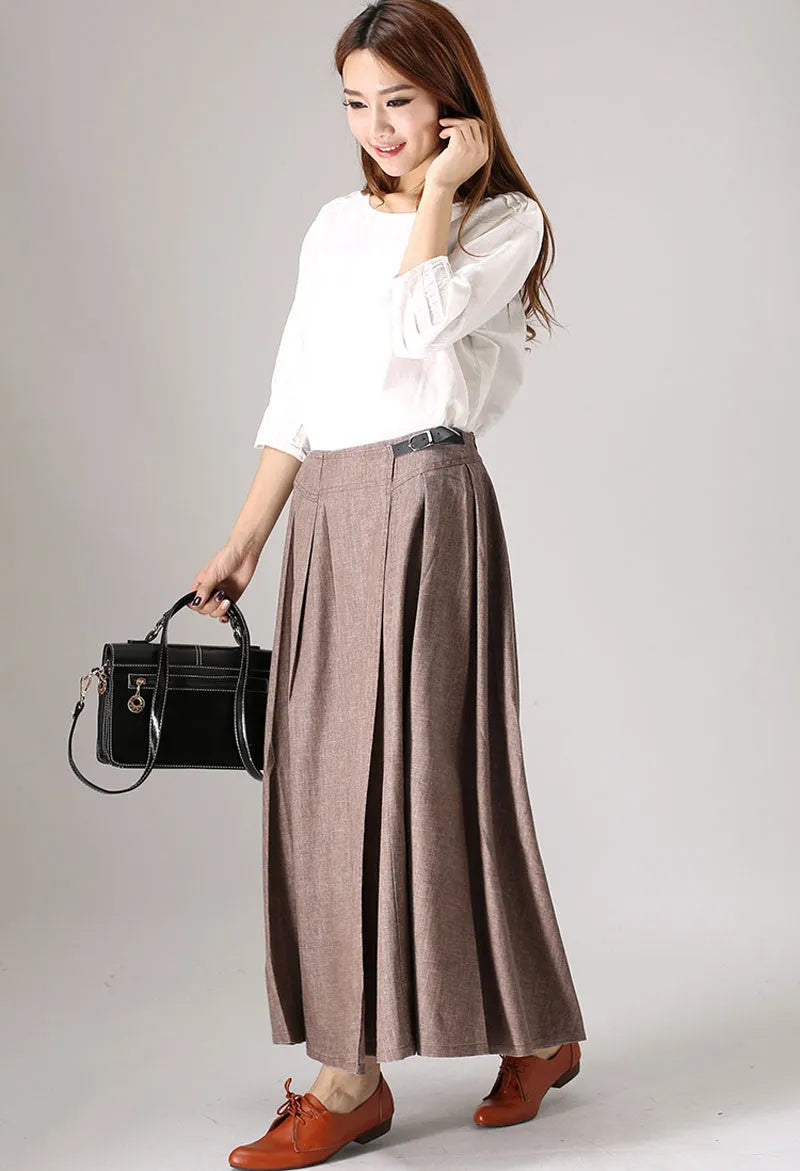 Casual Brown Pleated Linen Maxi Skirt – Handmade Long Flowy Skirt 