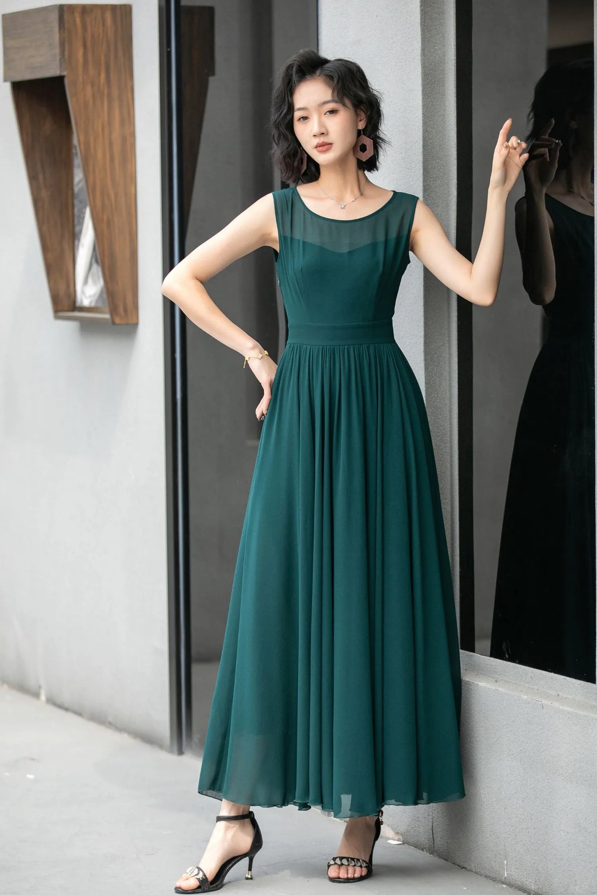 Emerald Green Chiffon Maxi Dress - Fit and Flare with Removable Cape 5861