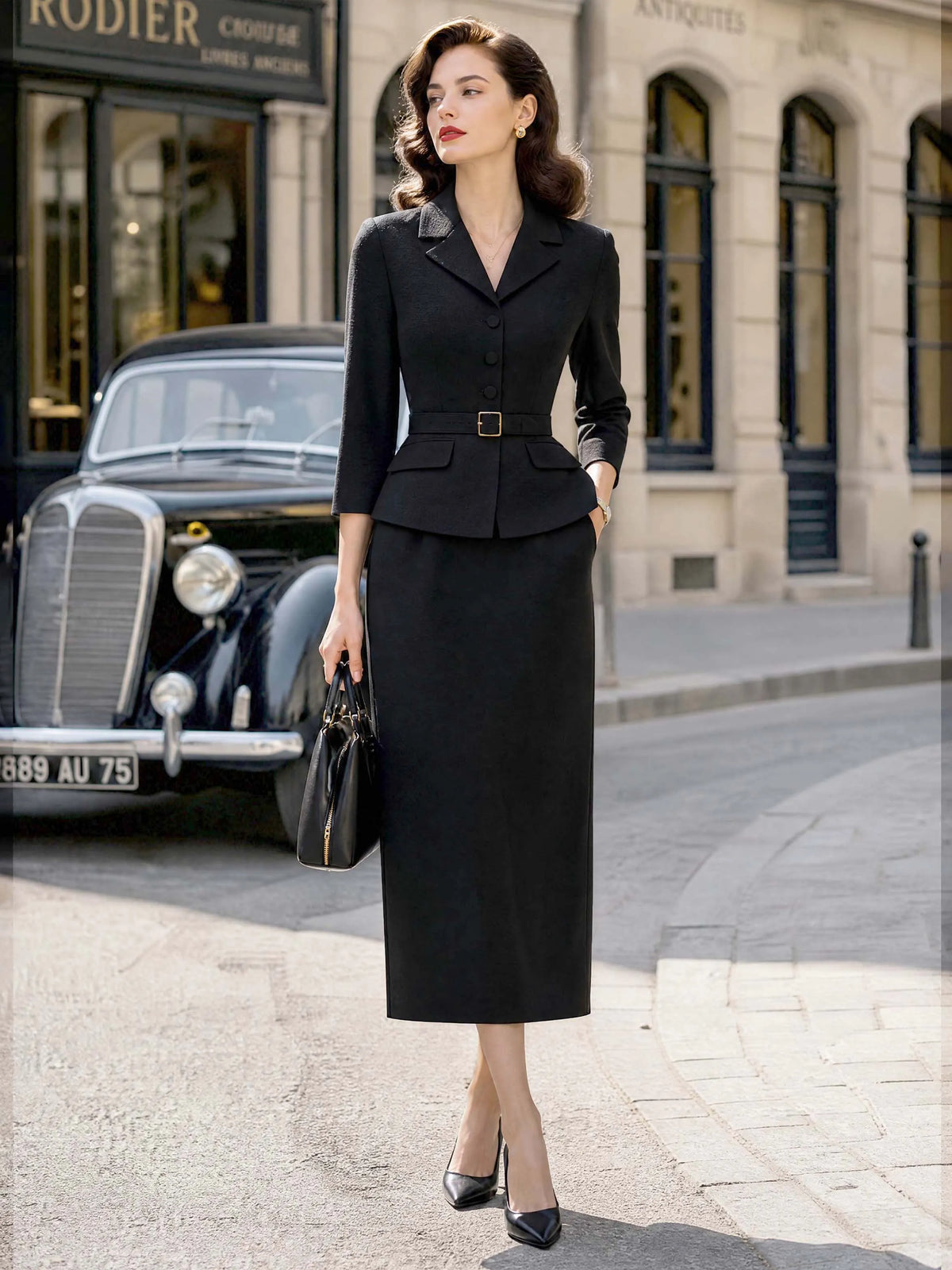 Retro Black Lapel Blazer Midi Skirt Set