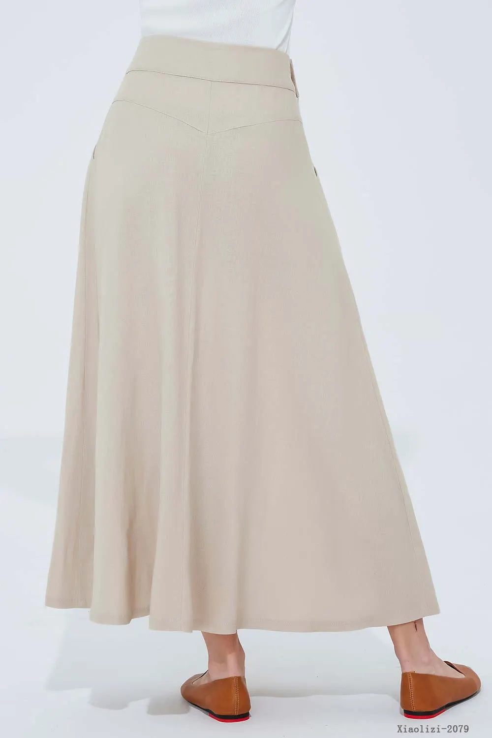 Beige Linen Blend A-Line Ankle Skirt - Pockets Fitted Waist 