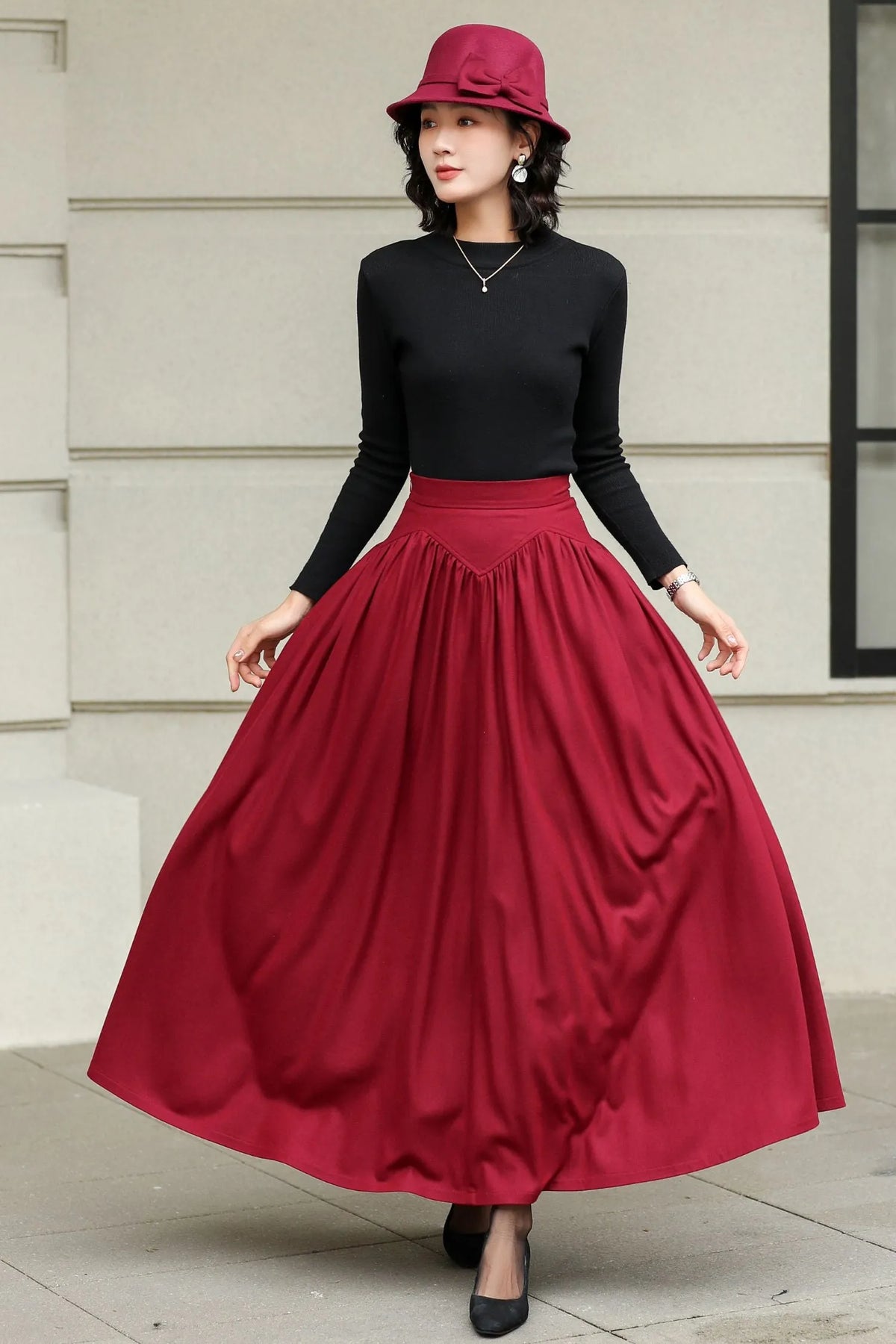 Burgundy Wool Maxi Skirt - Handmade High-Waisted Pleated 6420