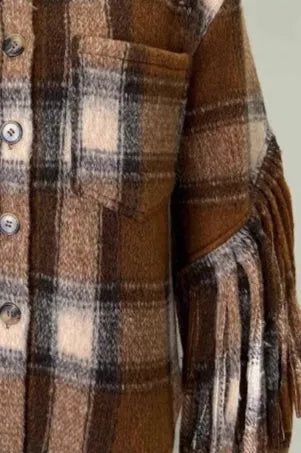 Plaid Fringe Wool Crop Coat
