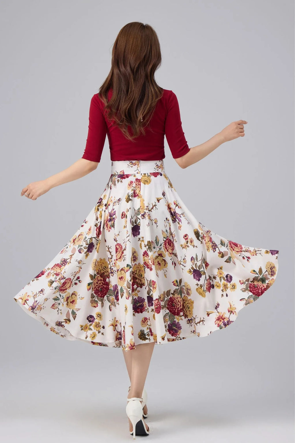 White Floral Cotton Linen Midi Skirt - High Waist, A-line Swing 