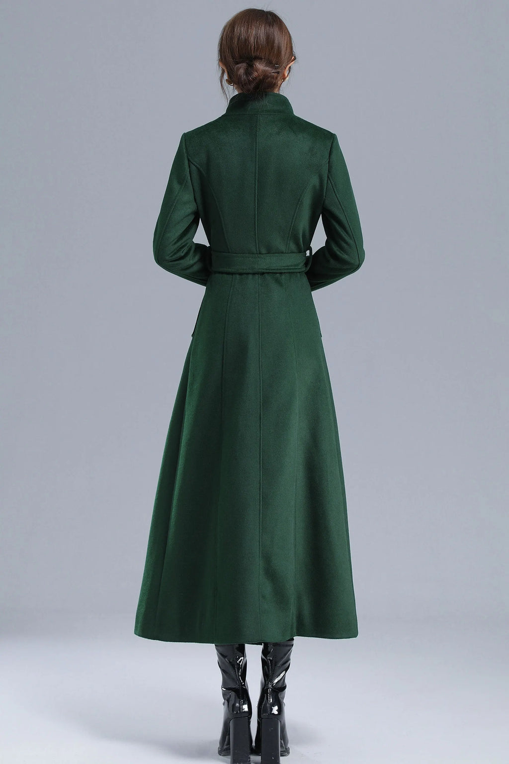 Green Wool Long Coat - Double Breasted with Belt 3214
