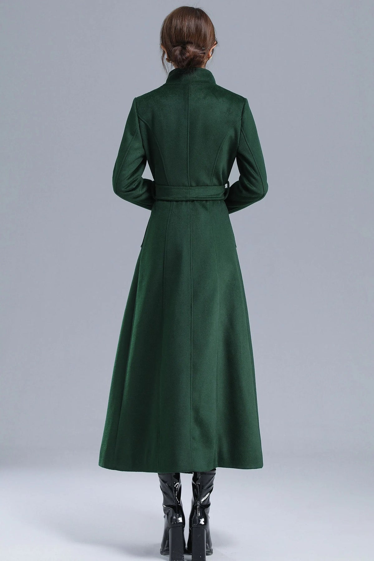 Green Wool Long Coat - Double Breasted with Belt 3214