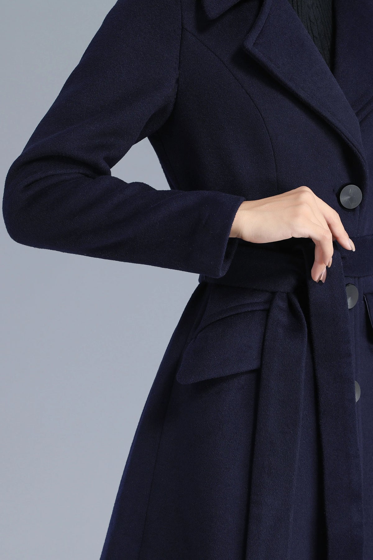 Navy Wool Coat - Single Breasted with Belted Waist 3205