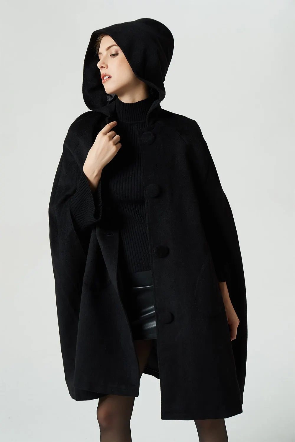 Black Wool Cape Coat - Vintage Hooded Flowing Silhouette 1952