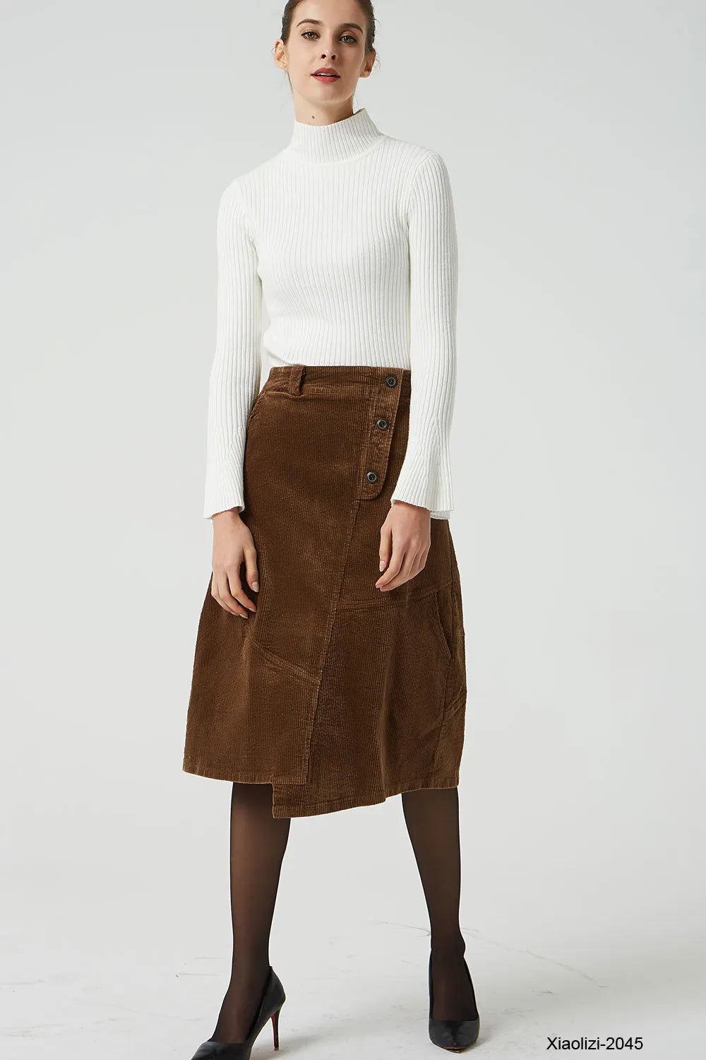 Brown Corduroy Knee Length Skirt - A-Line with Elastic Waistband 2045
