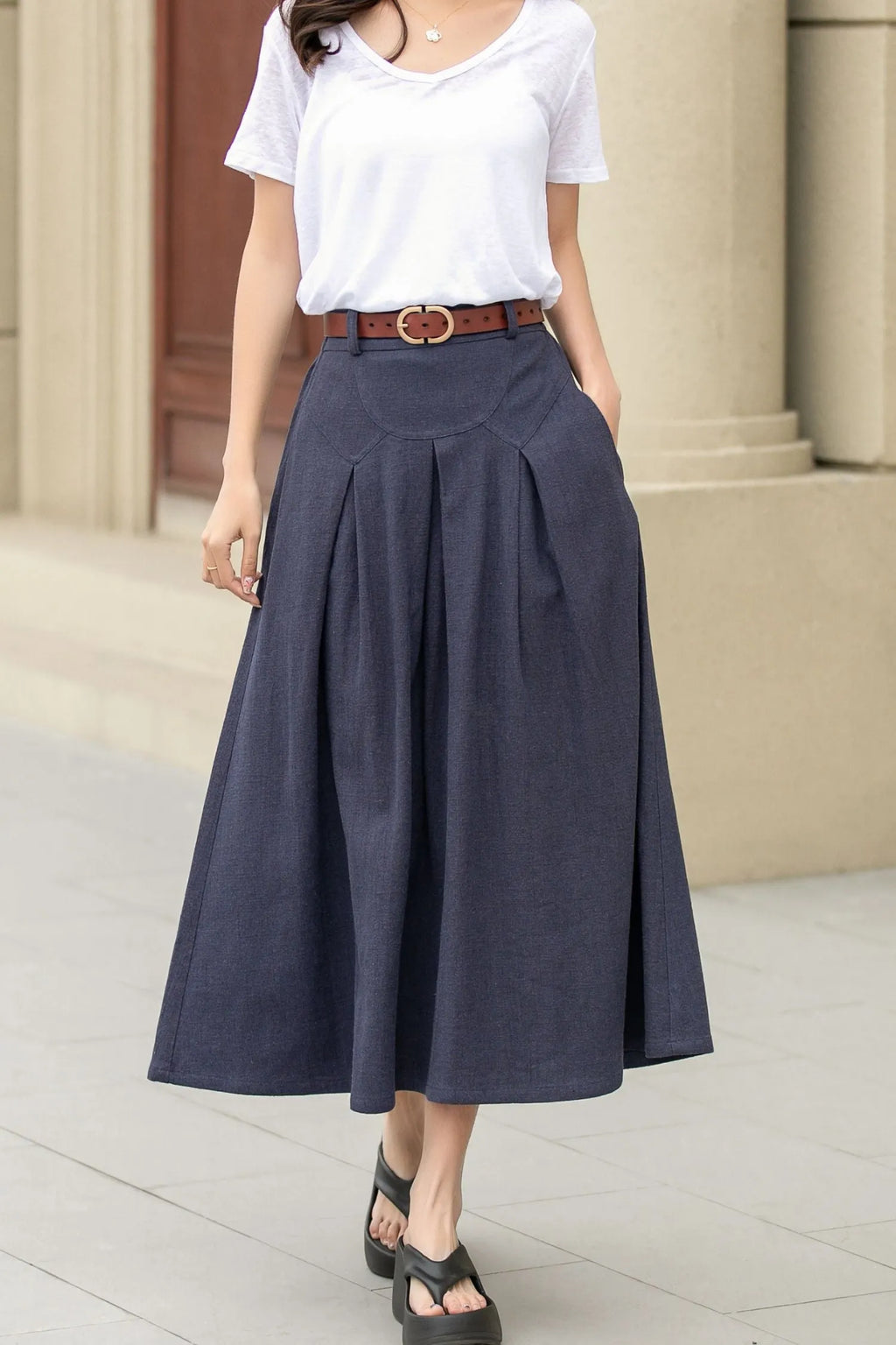 Dark Blue Linen Cotton Midi Skirt - A-Line with Pockets 4943