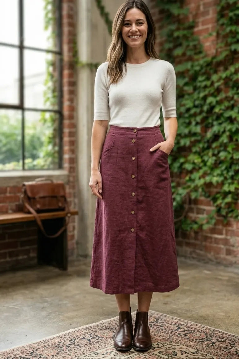 Wine Red Linen Midi Skirt - Button Front Fitted Waist 