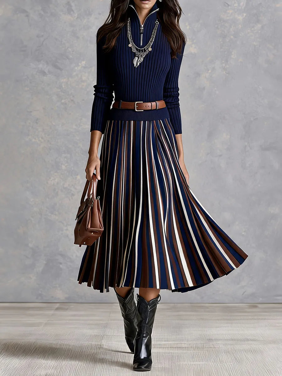 Elegant Navy Rib Half Zip Knit Midi Dress With Striped Pleated Skirt