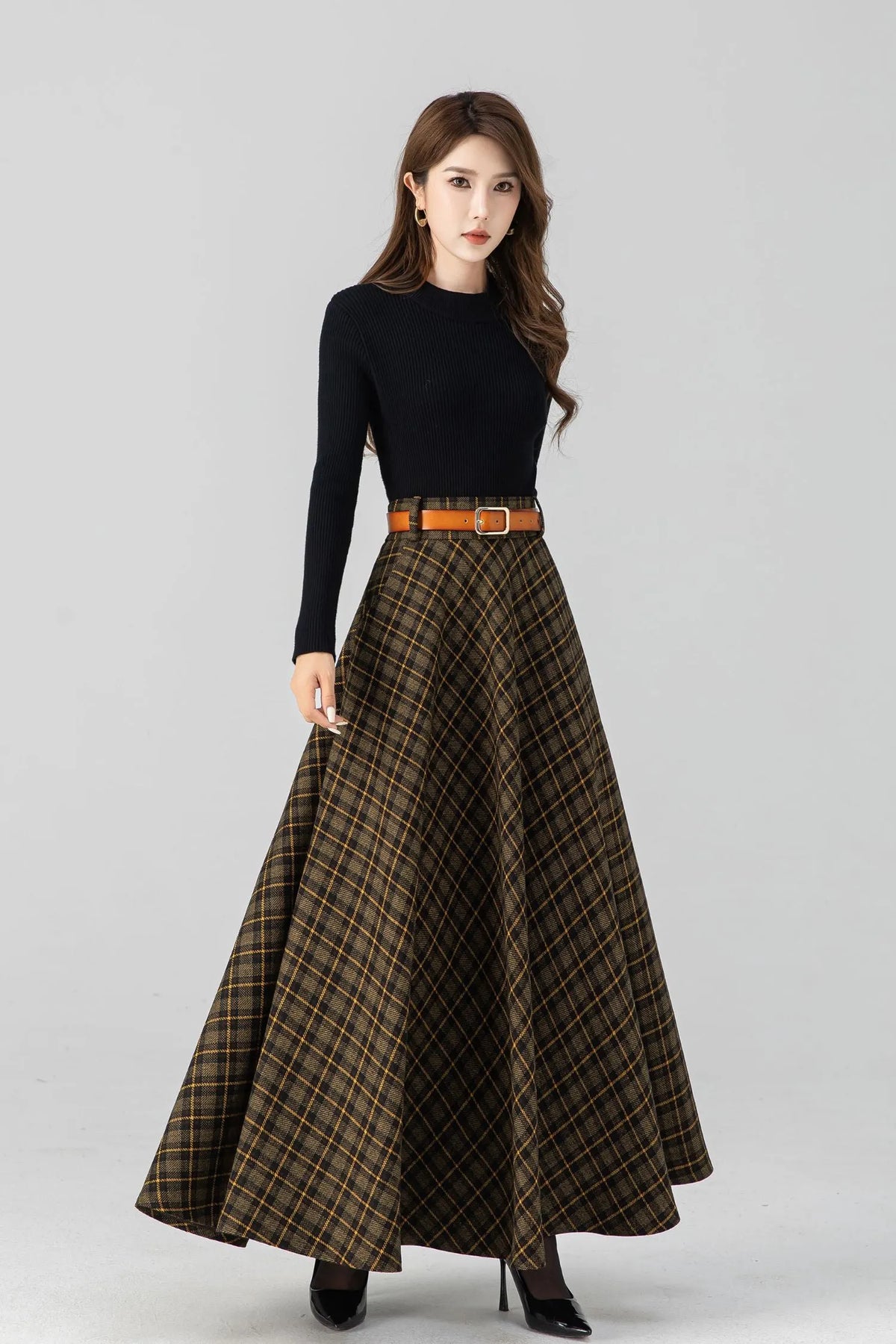 Handmade Brown Plaid Wool Maxi Skirt – High Waist Pleated Winter Long Skirt 