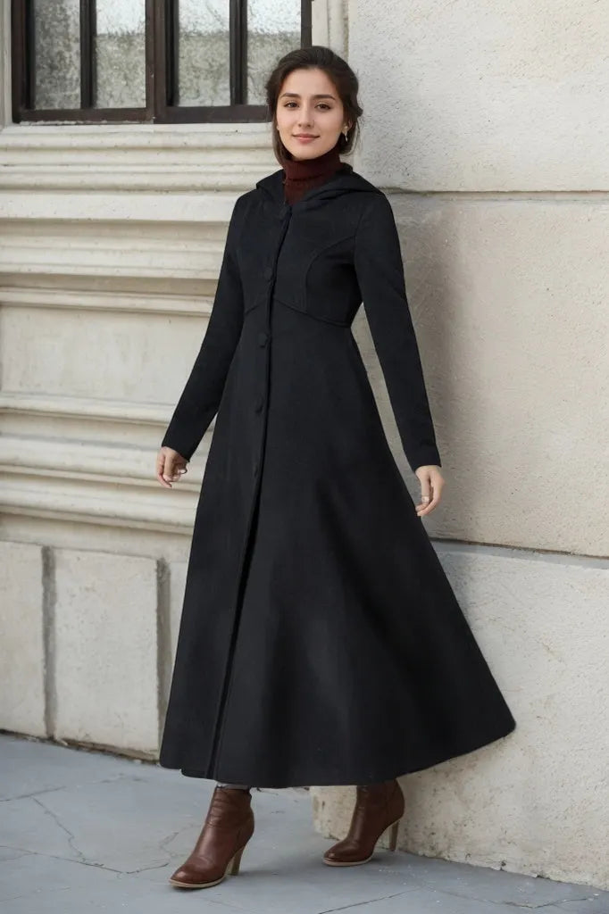 Black Wool Hooded Coat – Vintage A-Line Maxi Overcoat for Women 1839
