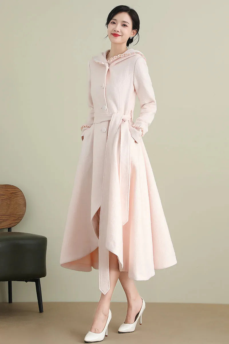 Pink Wool Coat – Women’s Hooded Asymmetrical Long Winter Coat with Belt 3901