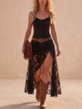 Western-Style Maxi Dress — Midnight Black Patchwork Sheer Lace Maxi Dress With Vintage Leather Belt, Short In The Front 