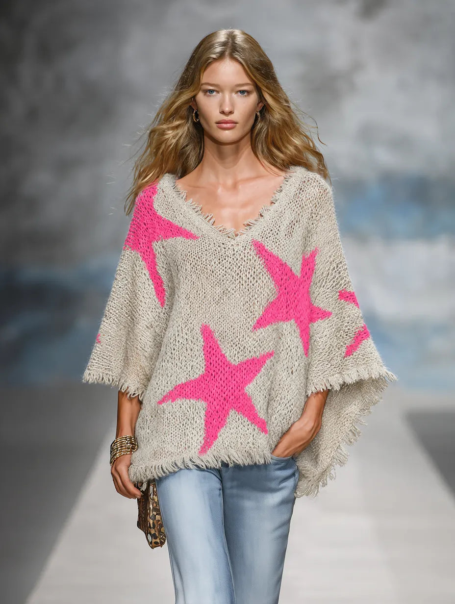 Retro-Elegant Western-Style Color-Block Knit Cape Top