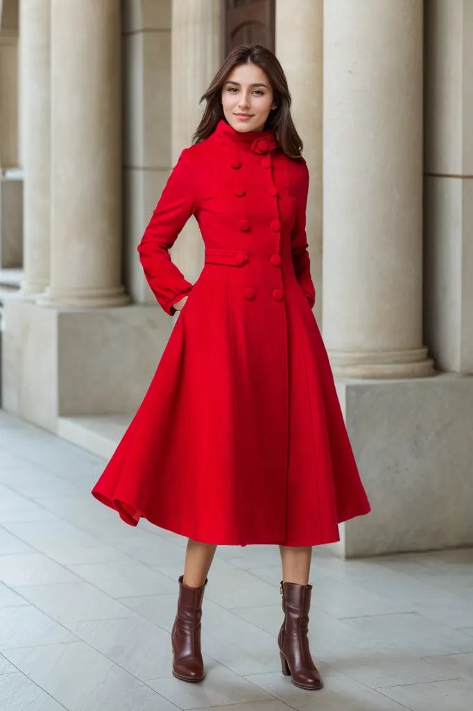 Red Wool Coat – Handmade Vintage Double Breasted Winter Swing Coat 