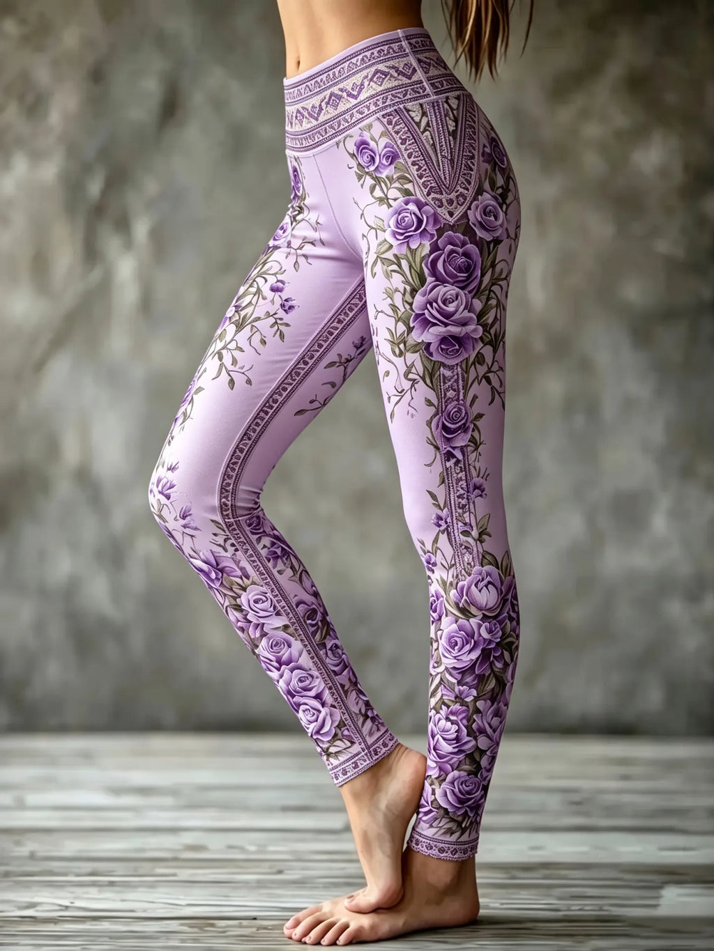 Women's Vintage Purple Rose Print Casual Leggings