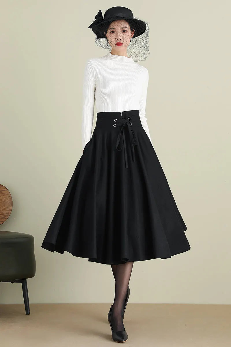 Black Wool Midi Skirt - High Waist Circle Swing 