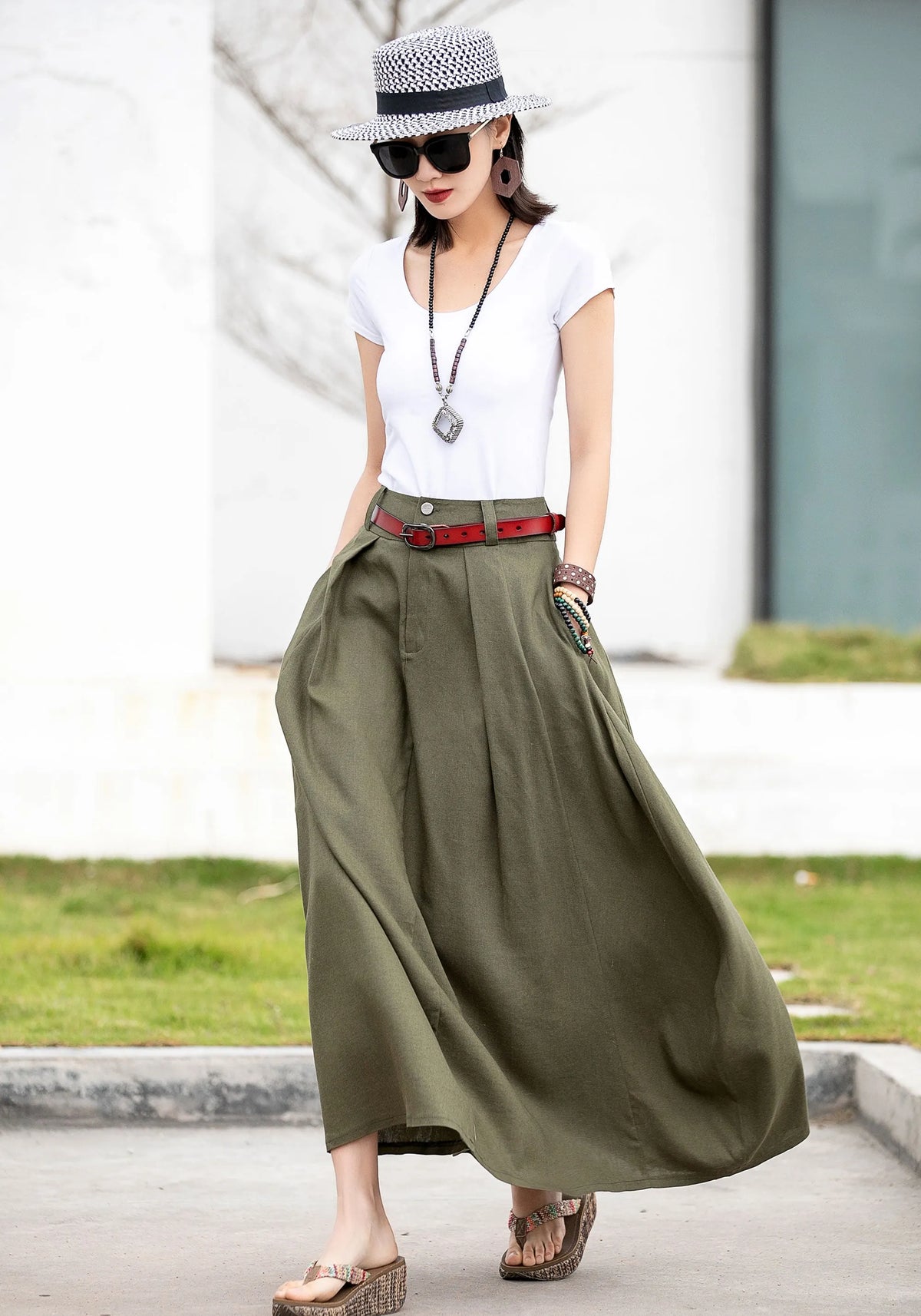 Olive Green Linen Cotton Skirt – Handmade A-Line Maxi Skirt for Women 