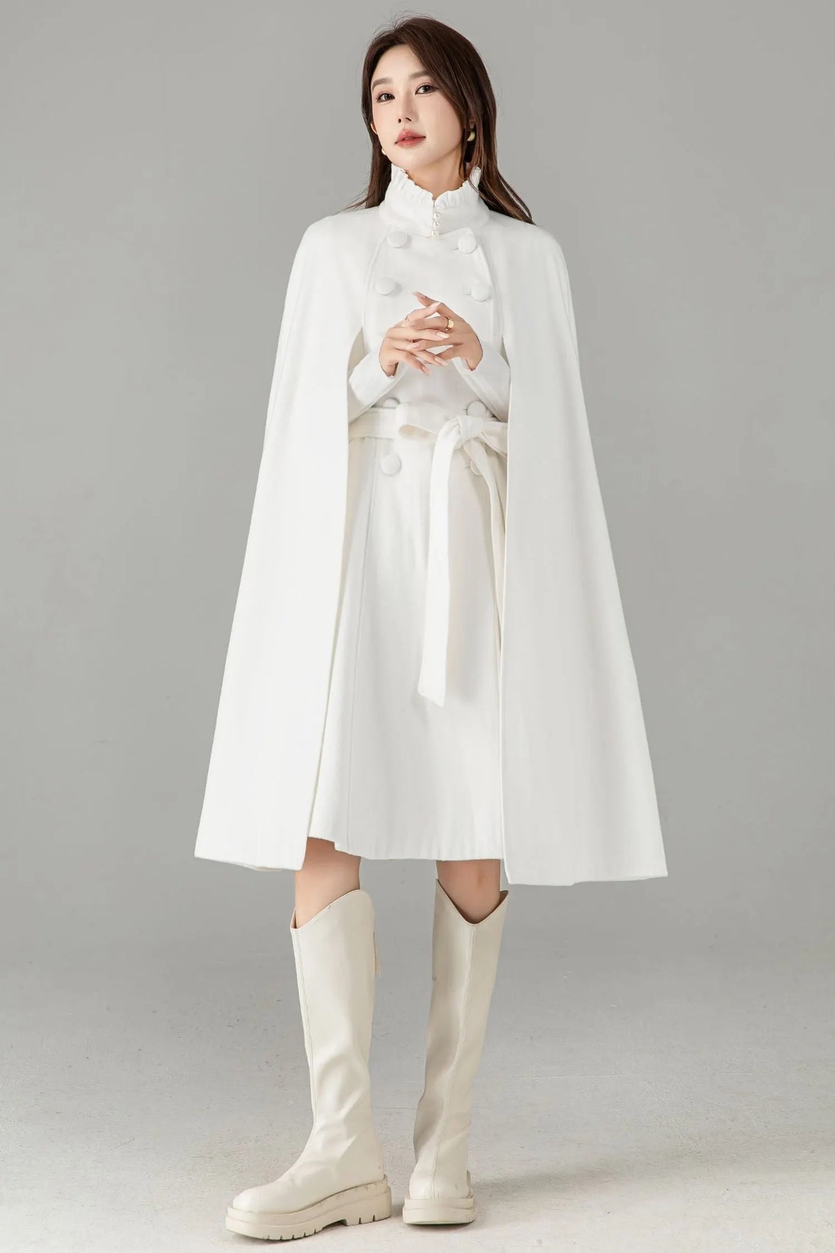 White Wool Cape Coat – Elegant Belted Winter Dress Coat 