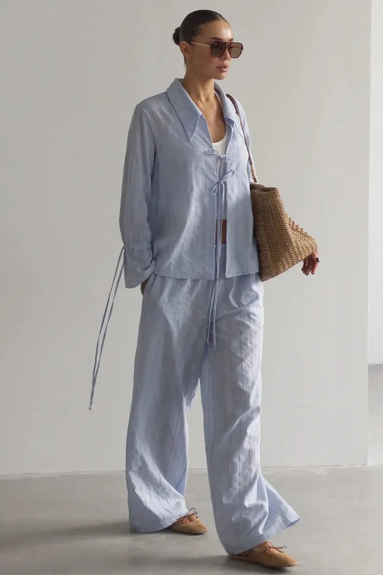 Collared Tie Front Sheer Shirt Pants Set