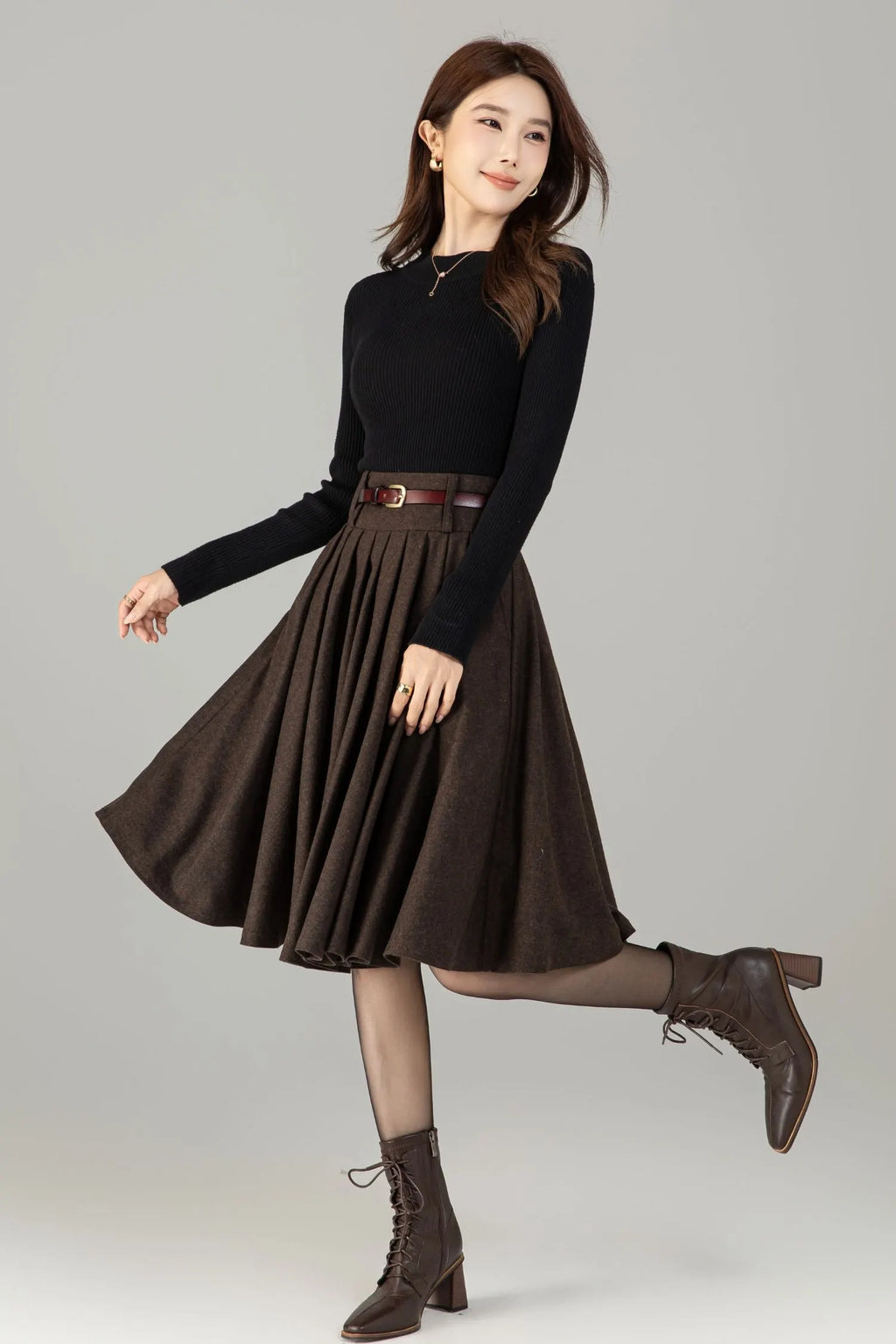Vintage Wool Blend Circle Skirt – Handmade Knee Length Winter Skirt with Pockets 