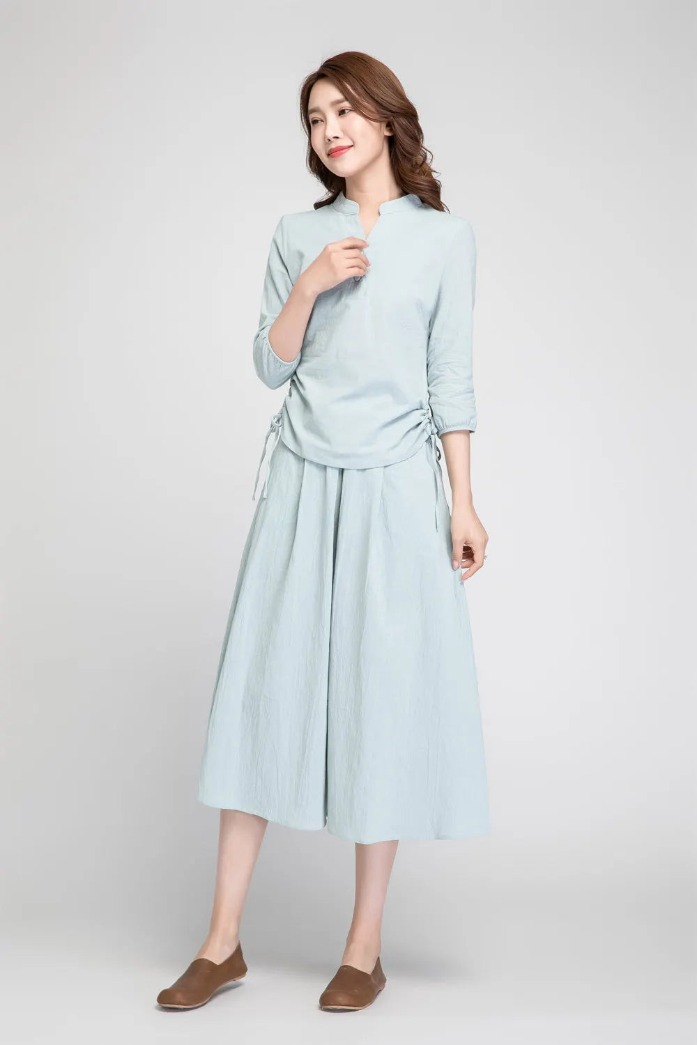 Mint Linen Blouse - Banded Neckline with Button Detail 1881