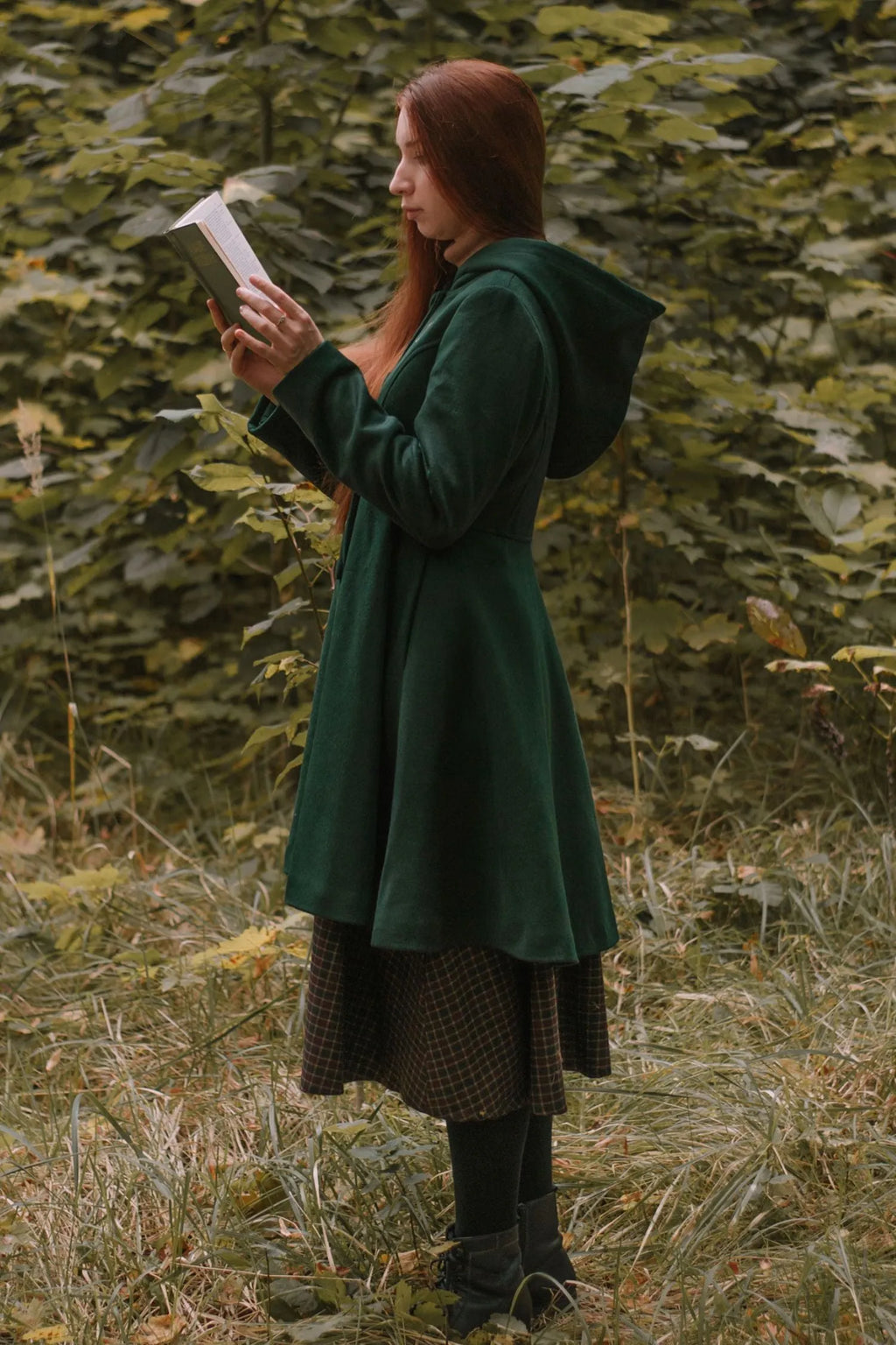 Army Green Wool Coat - Hooded Fit and Flare Knee-Length 3172