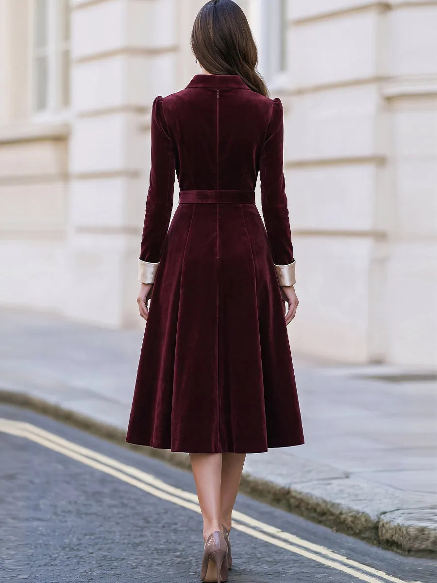 Satin‐Lapel Belted Double‐Breasted Velvet Midi Fit‐and‐Flare Dress