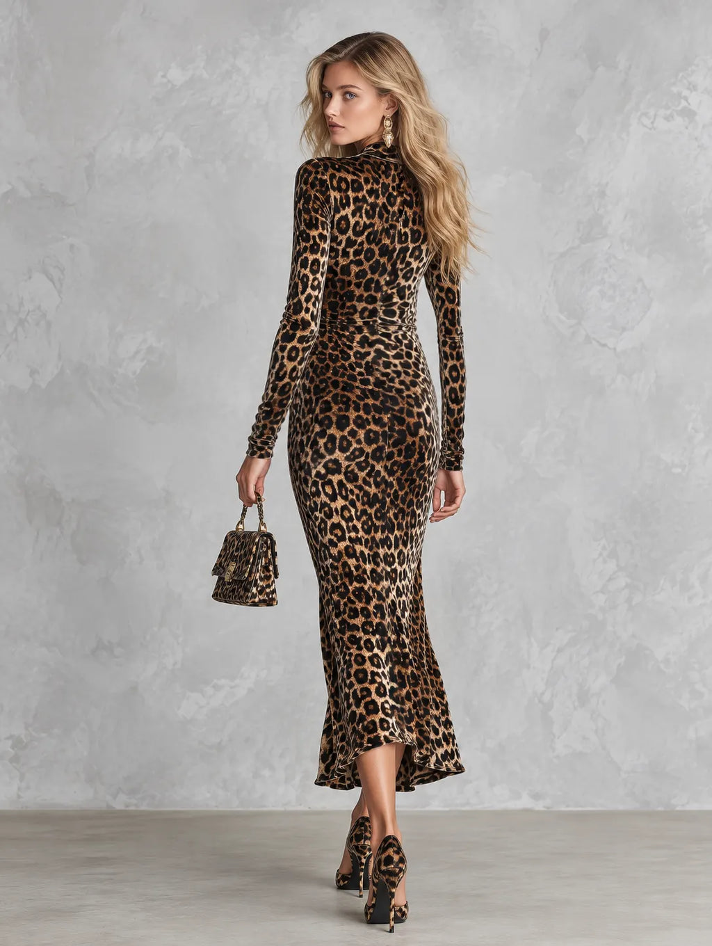 Vintage Brown Leopard Print V-Neck Ruched Velvet Midi Dress