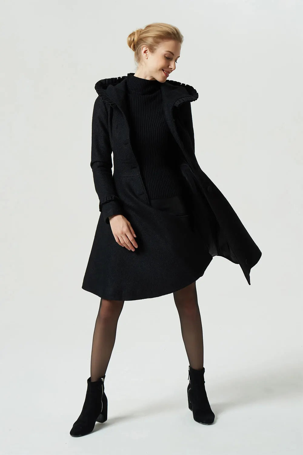 Vintage Wool Coat for Women – Handmade Black Hooded Fit and Flare Winter Coat with Ruffles 