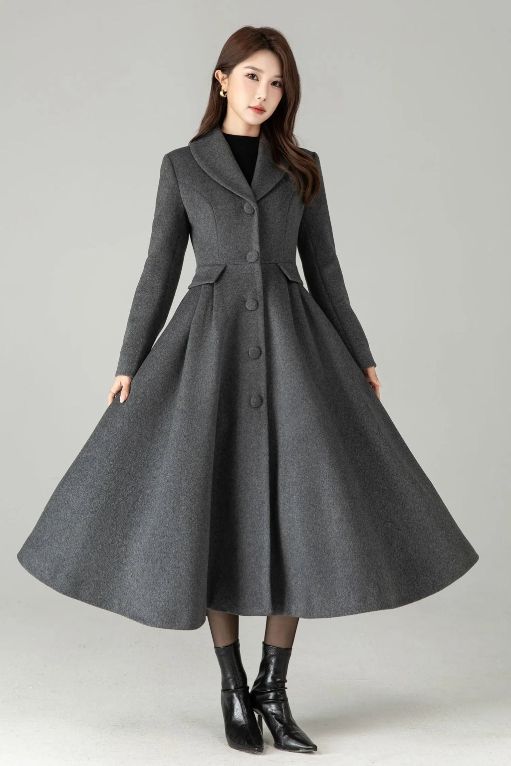 Gray Wool Maxi Coat – Single-Breasted Fit & Flare Long Winter Coat 