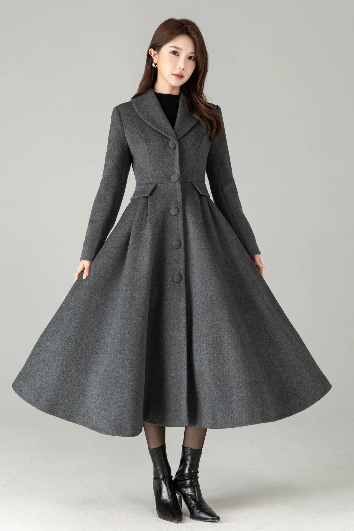 Gray Wool Maxi Coat – Single-Breasted Fit & Flare Long Winter Coat 